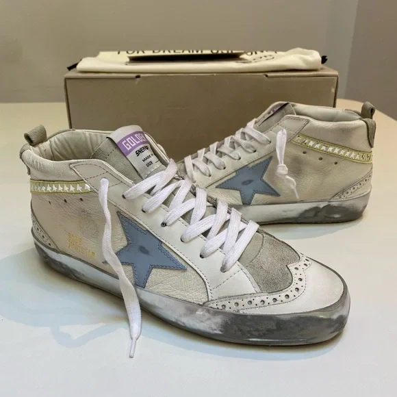 Golden Goose Mid Star Sneaker White Leather/Ice/Blue/Yellow/Metallic sz 38 NIB - Picture 11 of 14